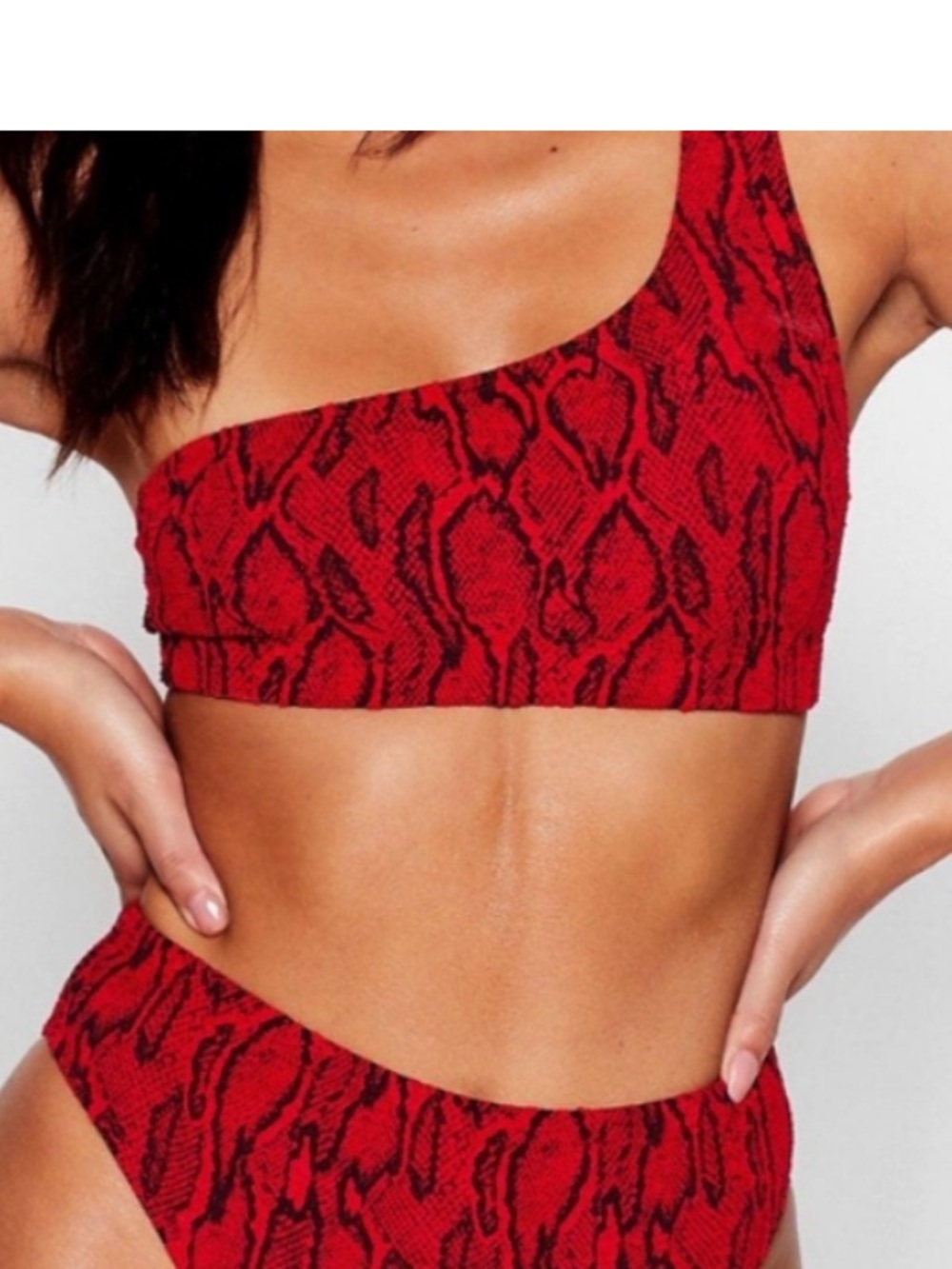 Nasty Gal Snake skin Print One Shoulder Bikini Top Red Black Size 6 M Animal - Picture 6 of 6